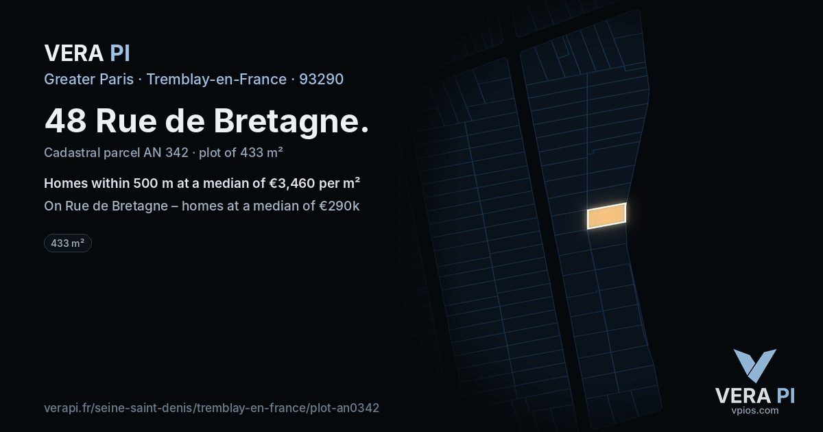 48 Rue de Bretagne, Tremblay-en-France at night – the plot lit, the parcels around coloured by the prices near them