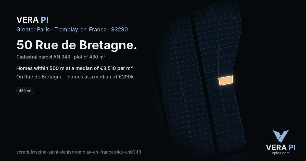 50 Rue de Bretagne, Tremblay-en-France at night – the plot lit, the parcels around coloured by the prices near them