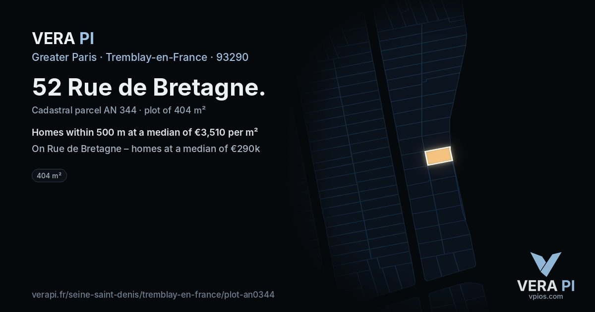 52 Rue de Bretagne, Tremblay-en-France at night – the plot lit, the parcels around coloured by the prices near them