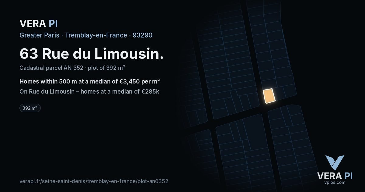 63 Rue du Limousin, Tremblay-en-France at night – the plot lit, the parcels around coloured by the prices near them