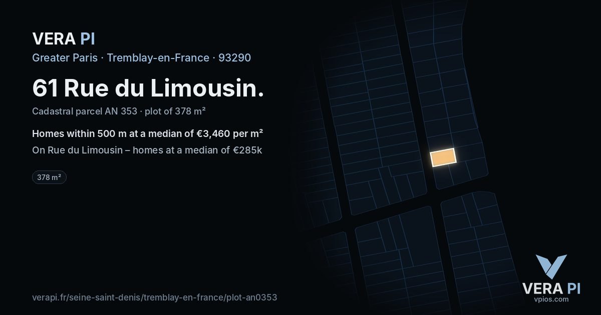 61 Rue du Limousin, Tremblay-en-France at night – the plot lit, the parcels around coloured by the prices near them