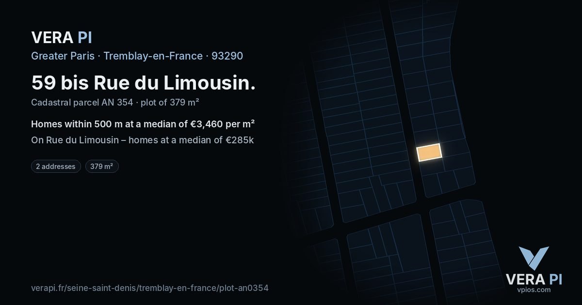 59 bis Rue du Limousin, Tremblay-en-France at night – the plot lit, the parcels around coloured by the prices near them