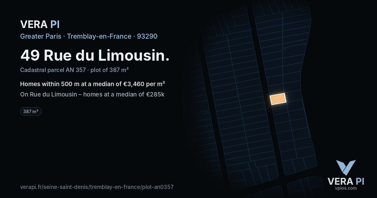 49 Rue du Limousin, Tremblay-en-France at night – the plot lit, the parcels around coloured by the prices near them