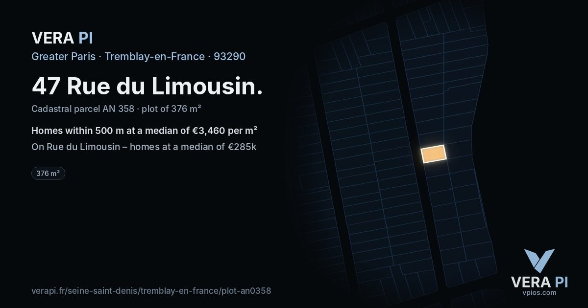 47 Rue du Limousin, Tremblay-en-France at night – the plot lit, the parcels around coloured by the prices near them