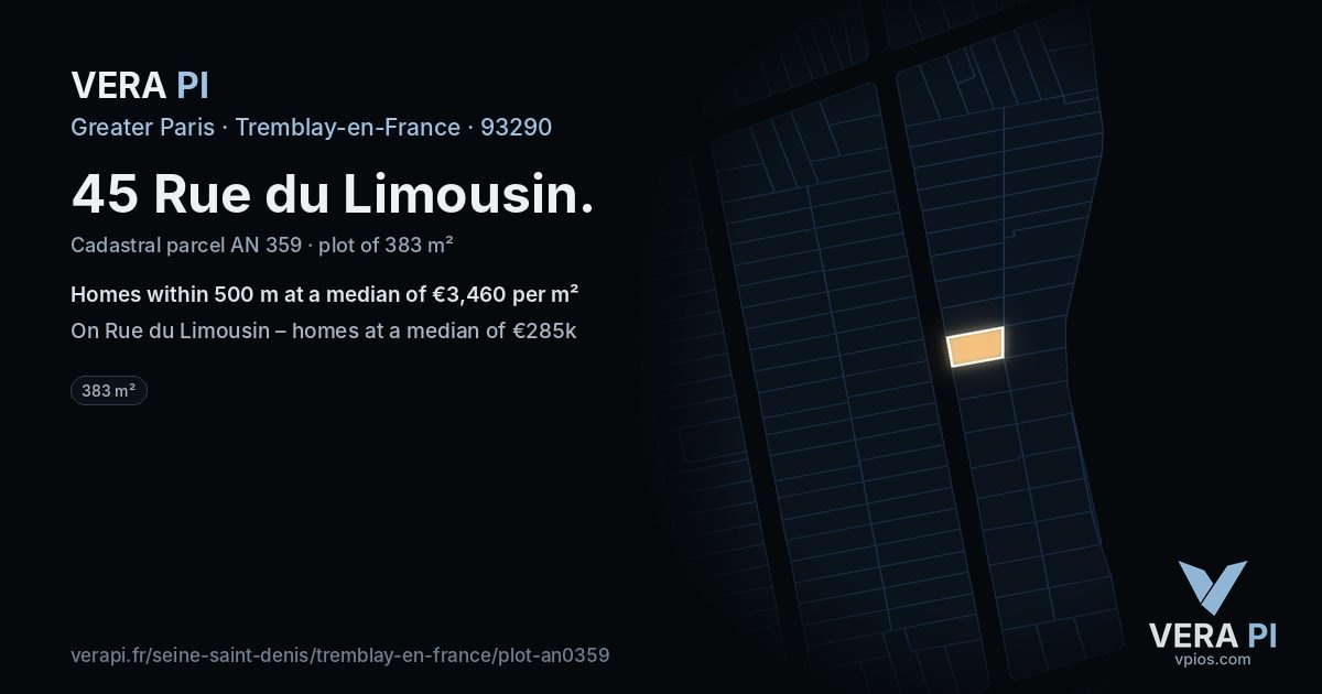 45 Rue du Limousin, Tremblay-en-France at night – the plot lit, the parcels around coloured by the prices near them