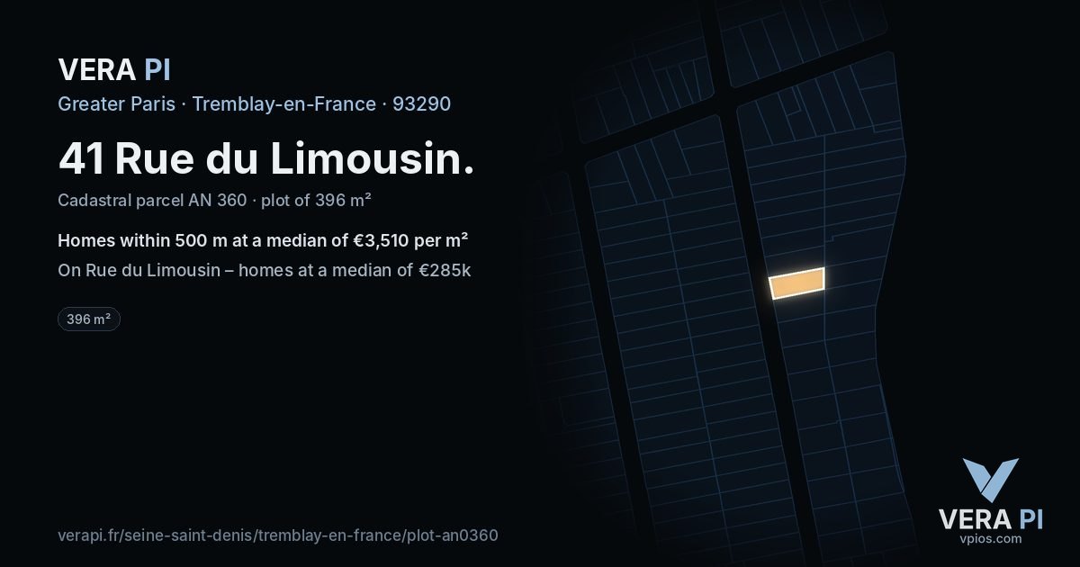 41 Rue du Limousin, Tremblay-en-France at night – the plot lit, the parcels around coloured by the prices near them