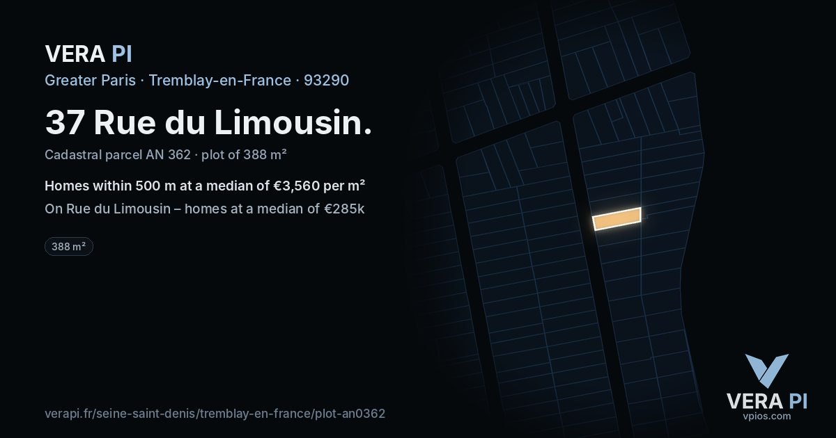 37 Rue du Limousin, Tremblay-en-France at night – the plot lit, the parcels around coloured by the prices near them