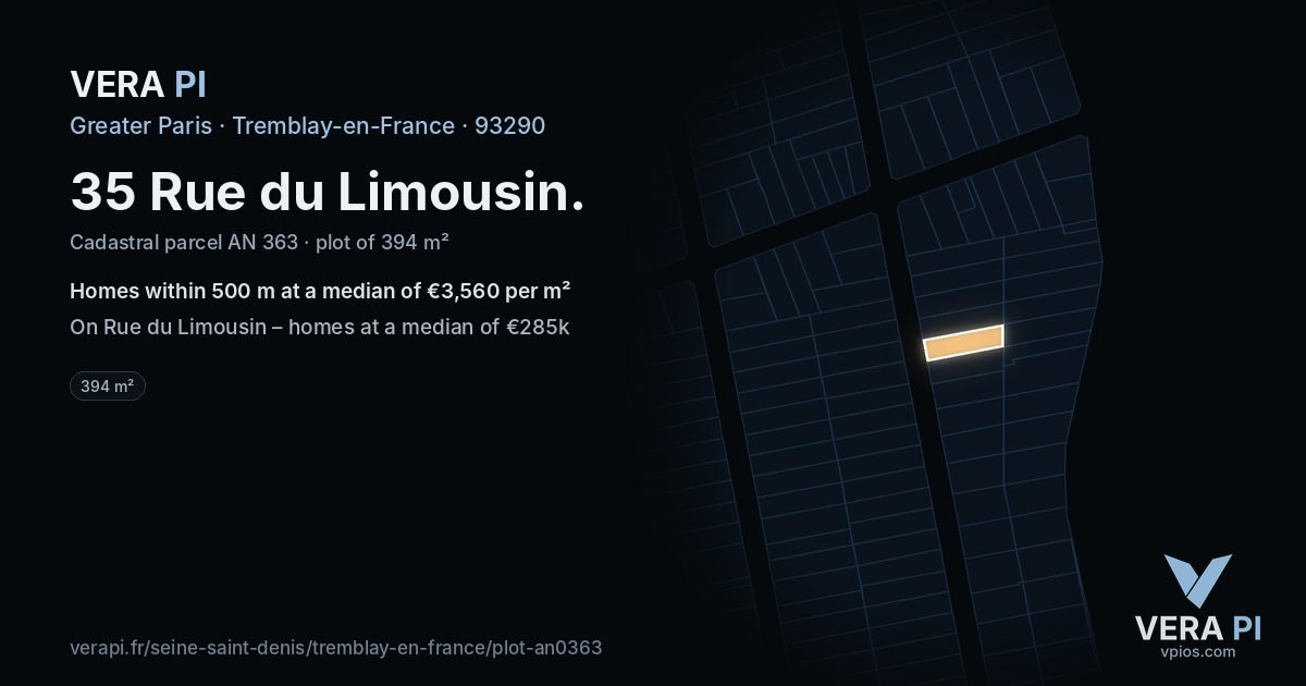 35 Rue du Limousin, Tremblay-en-France at night – the plot lit, the parcels around coloured by the prices near them