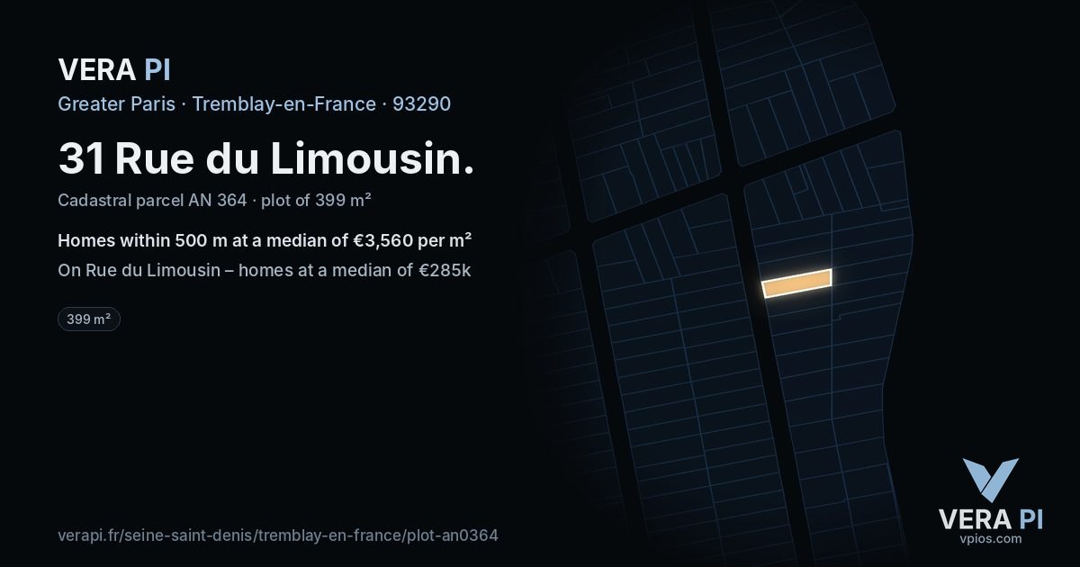31 Rue du Limousin, Tremblay-en-France at night – the plot lit, the parcels around coloured by the prices near them