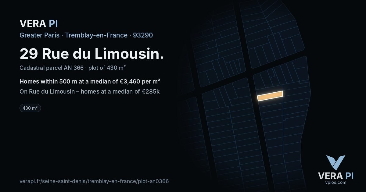 29 Rue du Limousin, Tremblay-en-France at night – the plot lit, the parcels around coloured by the prices near them