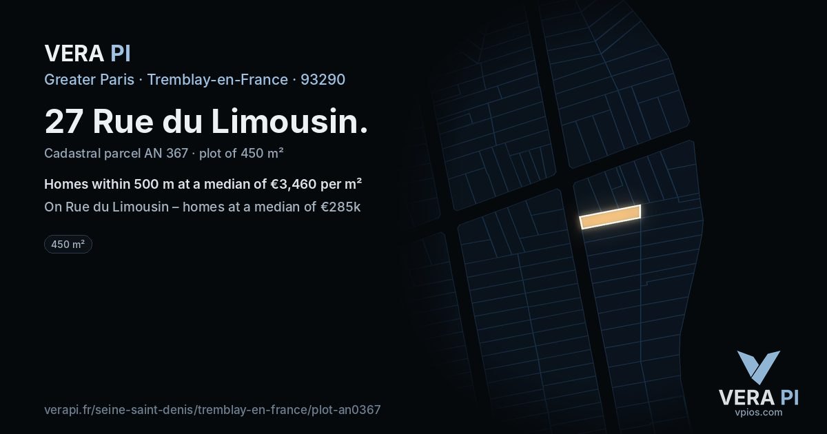 27 Rue du Limousin, Tremblay-en-France at night – the plot lit, the parcels around coloured by the prices near them