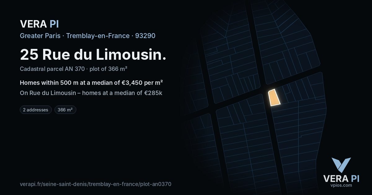 25 Rue du Limousin, Tremblay-en-France at night – the plot lit, the parcels around coloured by the prices near them