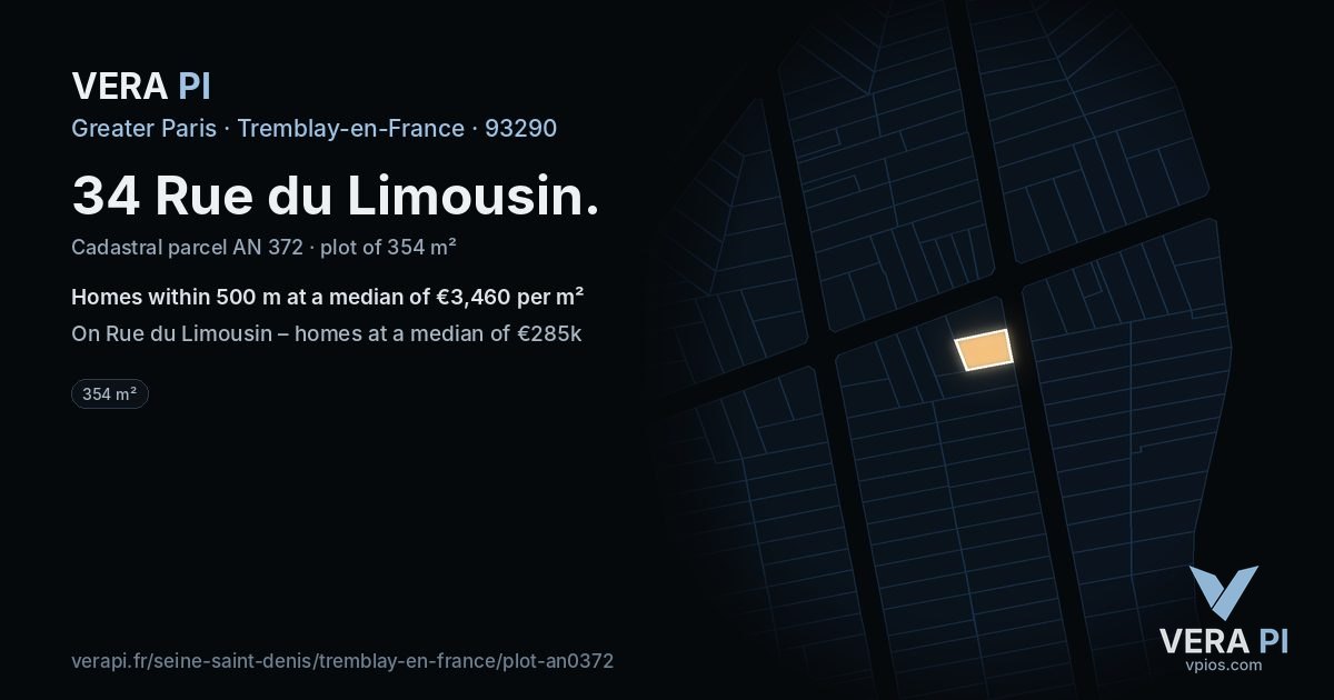 34 Rue du Limousin, Tremblay-en-France at night – the plot lit, the parcels around coloured by the prices near them
