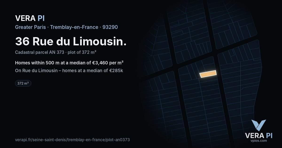 36 Rue du Limousin, Tremblay-en-France at night – the plot lit, the parcels around coloured by the prices near them