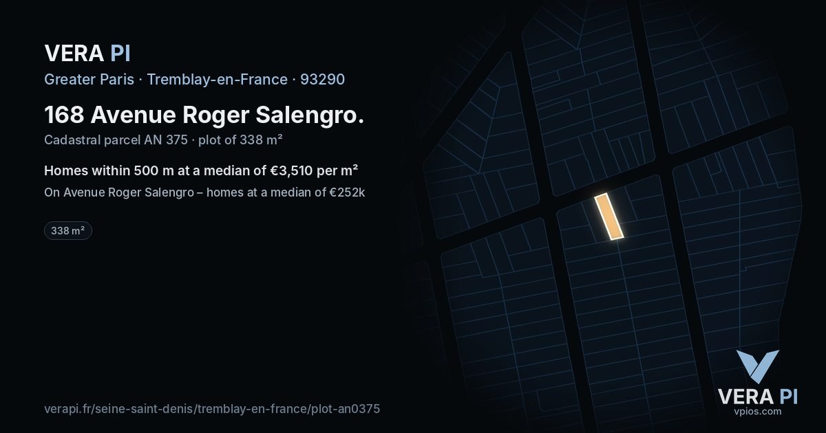 168 Avenue Roger Salengro, Tremblay-en-France at night – the plot lit, the parcels around coloured by the prices near them