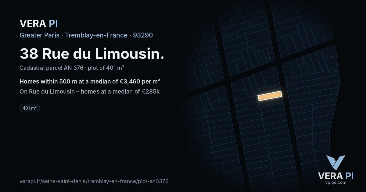 38 Rue du Limousin, Tremblay-en-France at night – the plot lit, the parcels around coloured by the prices near them