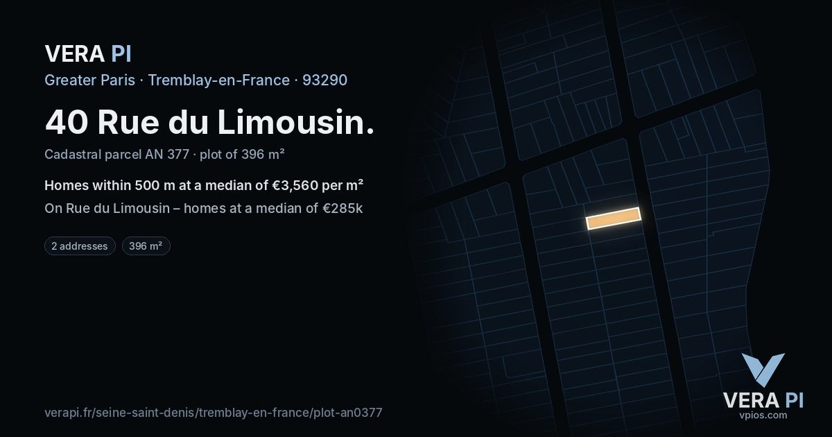 40 Rue du Limousin, Tremblay-en-France at night – the plot lit, the parcels around coloured by the prices near them