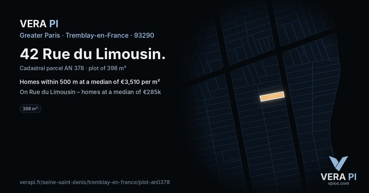42 Rue du Limousin, Tremblay-en-France at night – the plot lit, the parcels around coloured by the prices near them