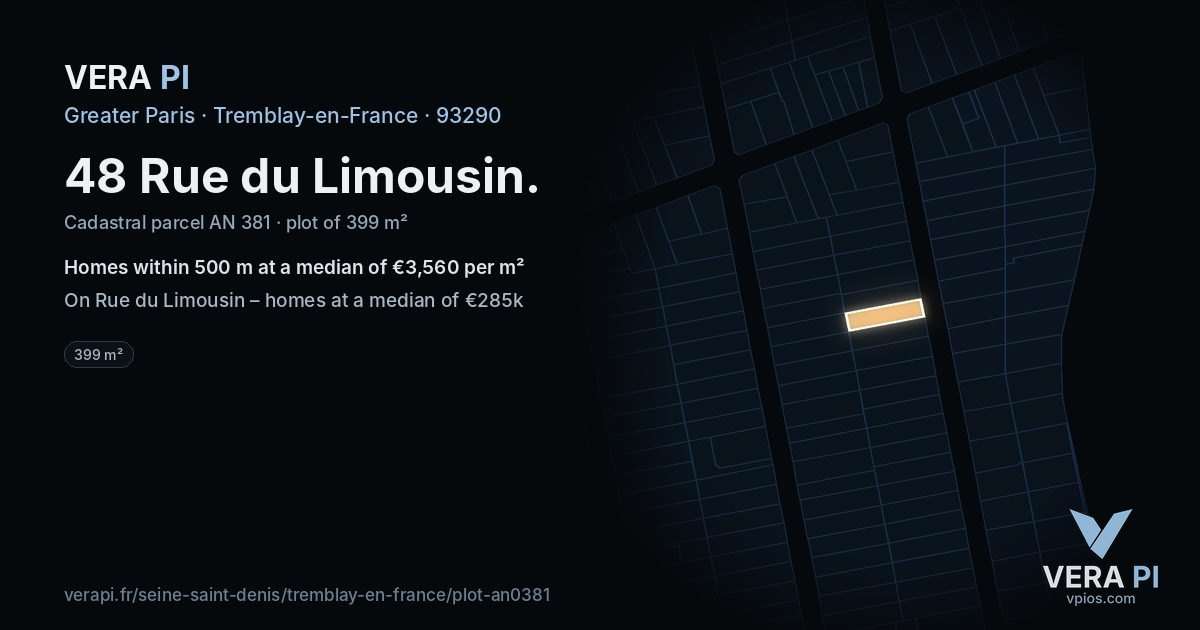 48 Rue du Limousin, Tremblay-en-France at night – the plot lit, the parcels around coloured by the prices near them