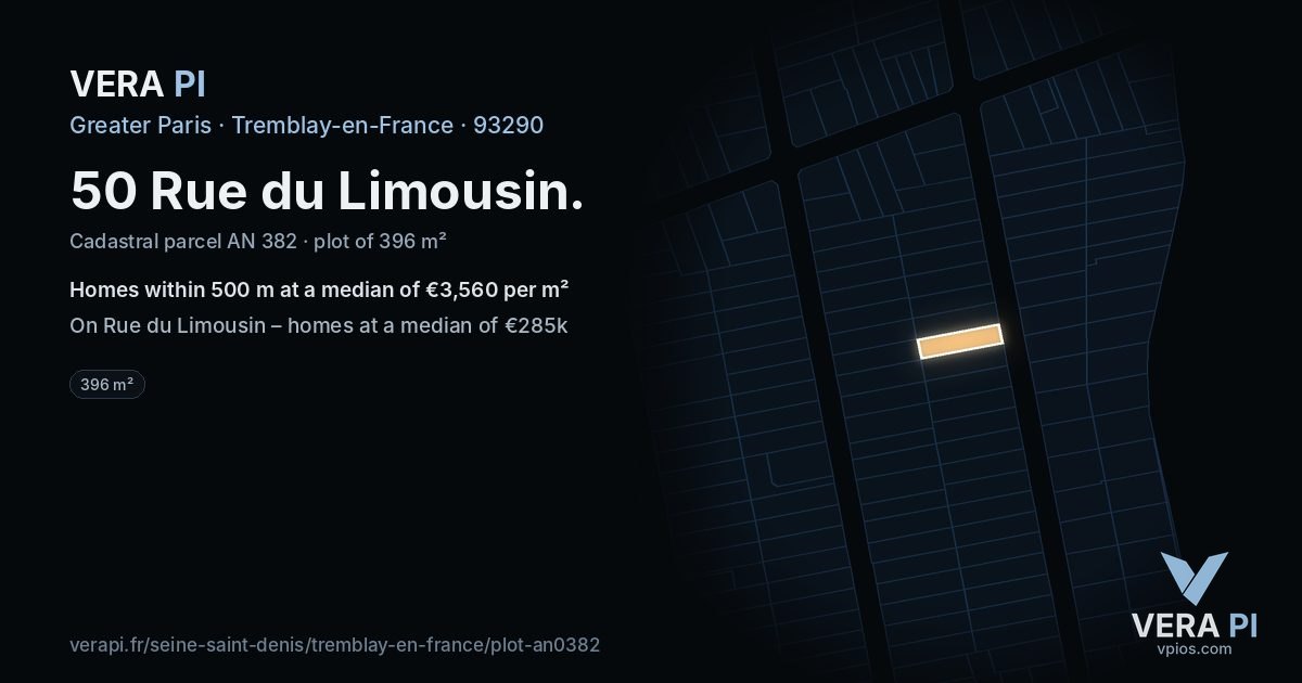 50 Rue du Limousin, Tremblay-en-France at night – the plot lit, the parcels around coloured by the prices near them