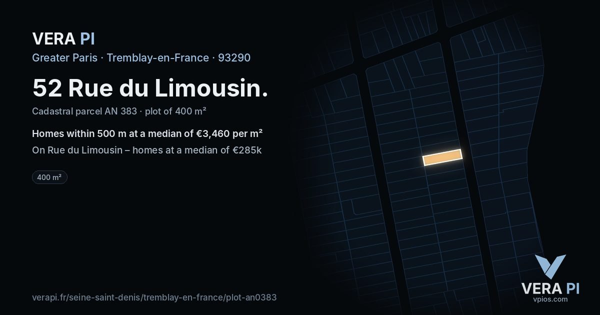 52 Rue du Limousin, Tremblay-en-France at night – the plot lit, the parcels around coloured by the prices near them