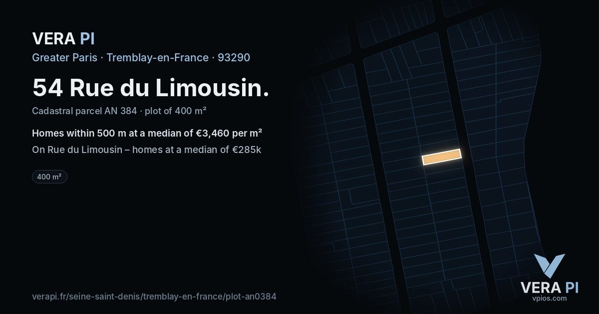 54 Rue du Limousin, Tremblay-en-France at night – the plot lit, the parcels around coloured by the prices near them