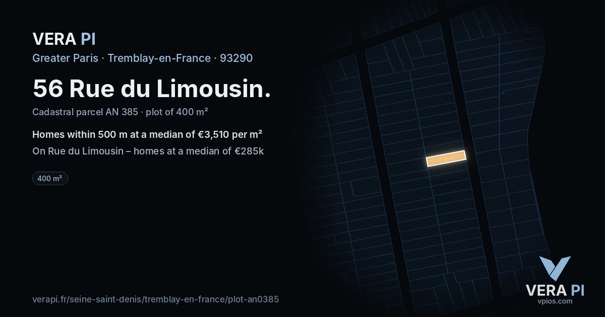56 Rue du Limousin, Tremblay-en-France at night – the plot lit, the parcels around coloured by the prices near them