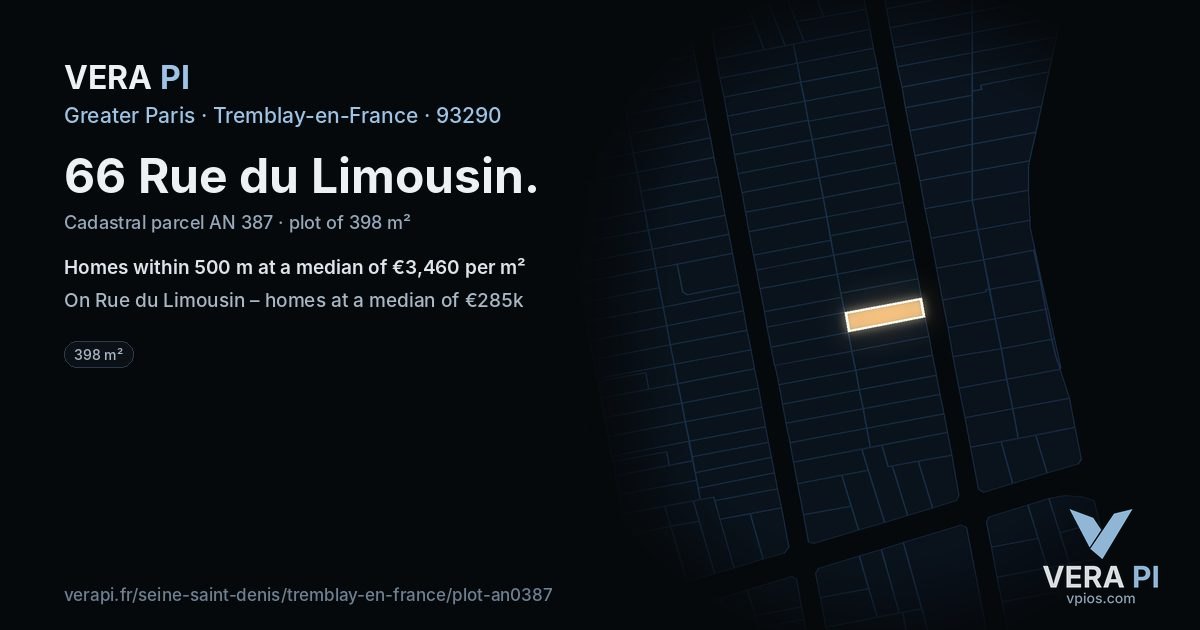 66 Rue du Limousin, Tremblay-en-France at night – the plot lit, the parcels around coloured by the prices near them