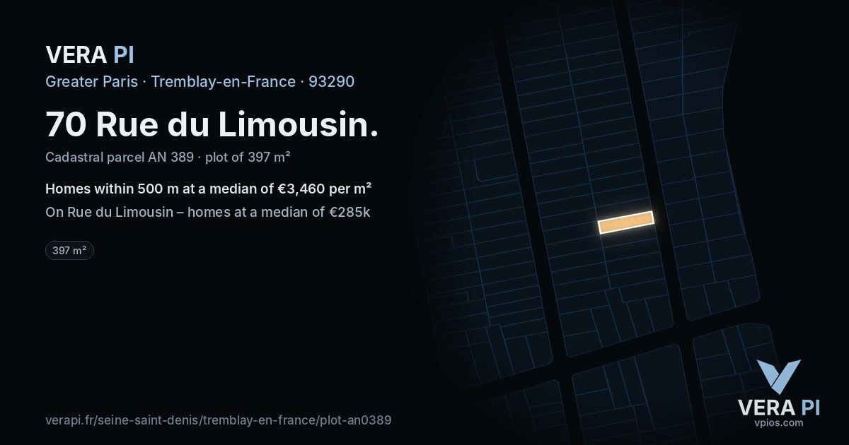 70 Rue du Limousin, Tremblay-en-France at night – the plot lit, the parcels around coloured by the prices near them