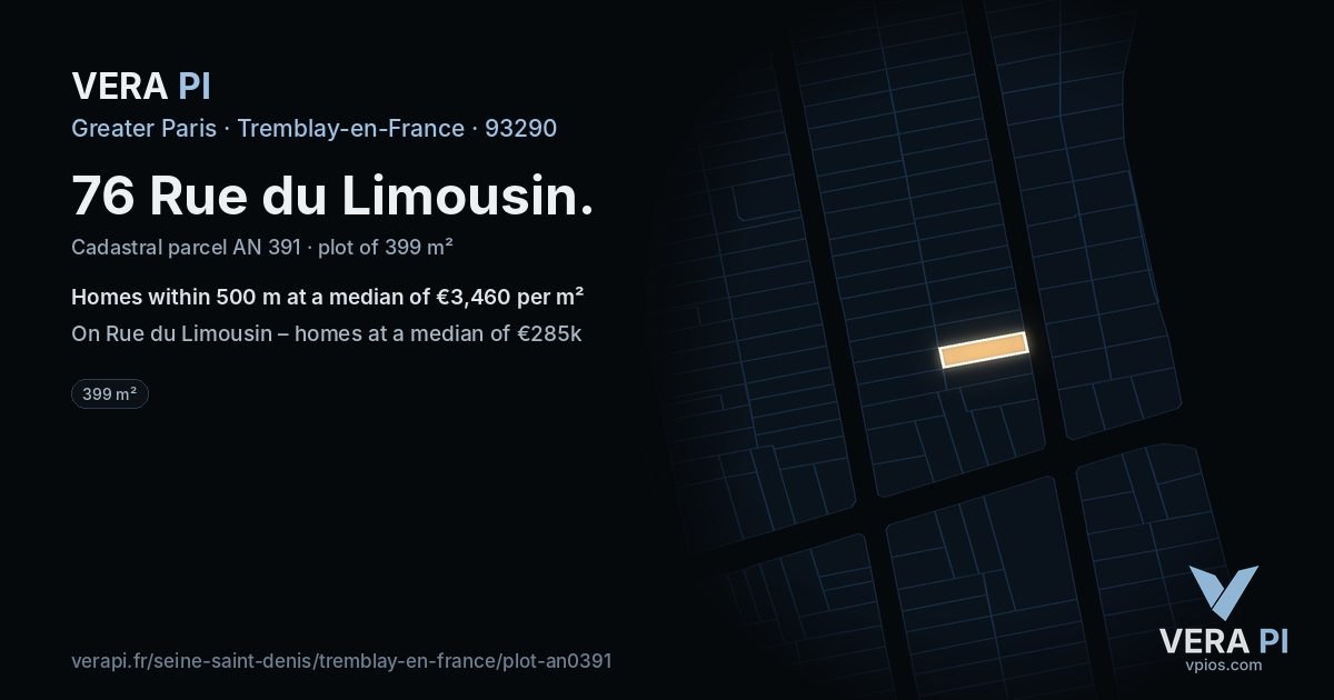 76 Rue du Limousin, Tremblay-en-France at night – the plot lit, the parcels around coloured by the prices near them