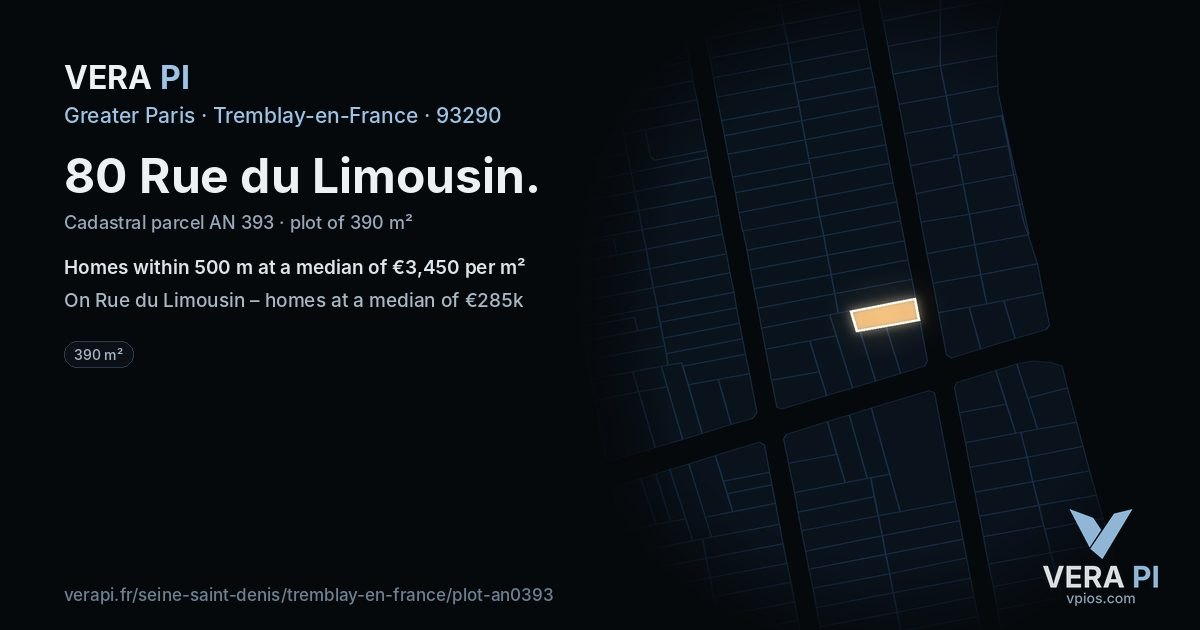 80 Rue du Limousin, Tremblay-en-France at night – the plot lit, the parcels around coloured by the prices near them