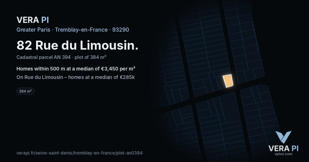 82 Rue du Limousin, Tremblay-en-France at night – the plot lit, the parcels around coloured by the prices near them