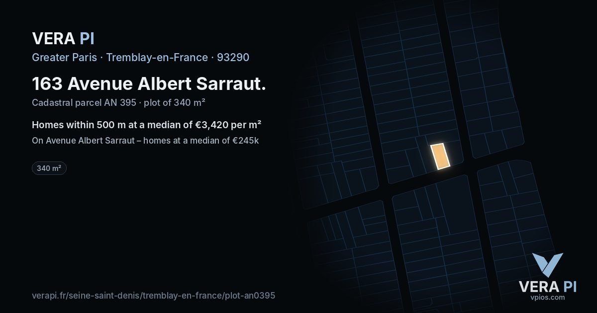 163 Avenue Albert Sarraut, Tremblay-en-France at night – the plot lit, the parcels around coloured by the prices near them