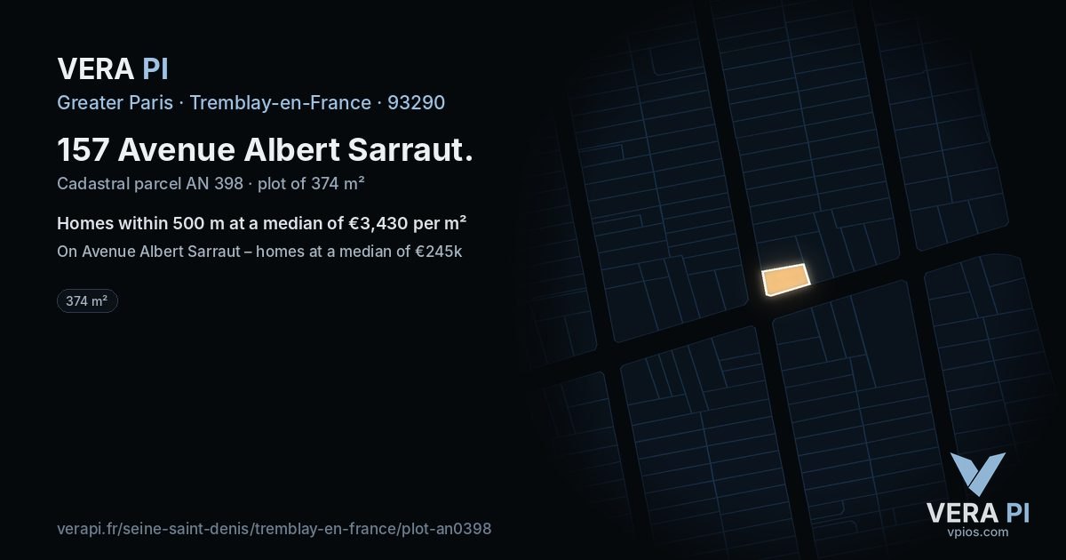 157 Avenue Albert Sarraut, Tremblay-en-France at night – the plot lit, the parcels around coloured by the prices near them