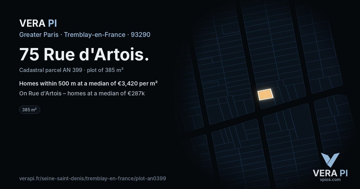 75 Rue d'Artois, Tremblay-en-France at night – the plot lit, the parcels around coloured by the prices near them