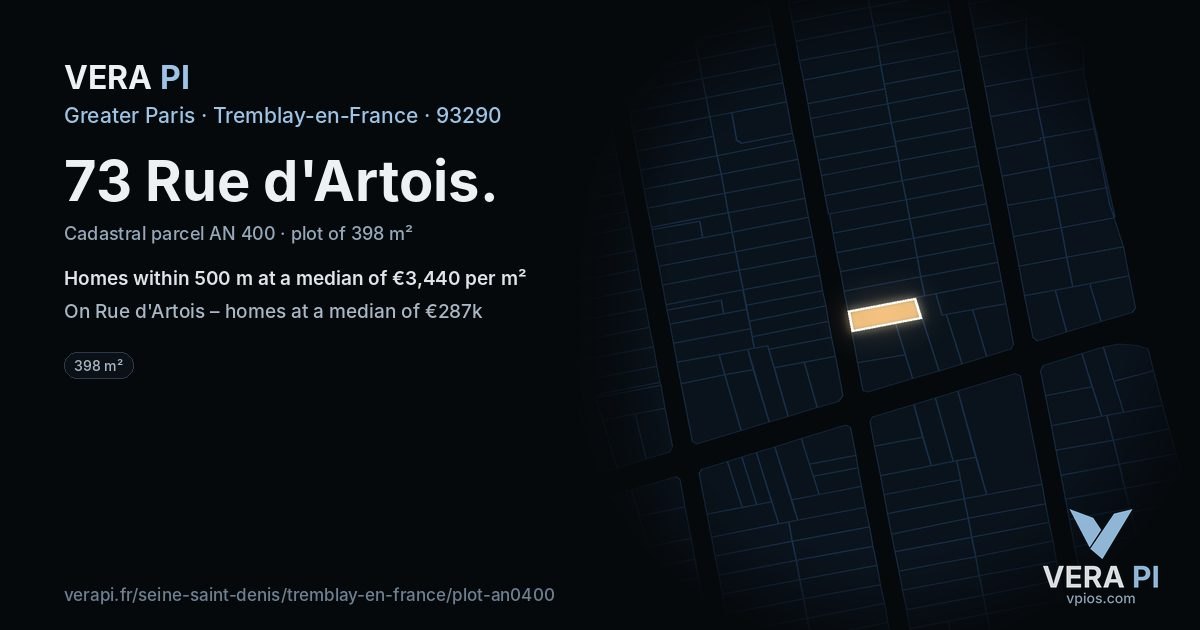 73 Rue d'Artois, Tremblay-en-France at night – the plot lit, the parcels around coloured by the prices near them
