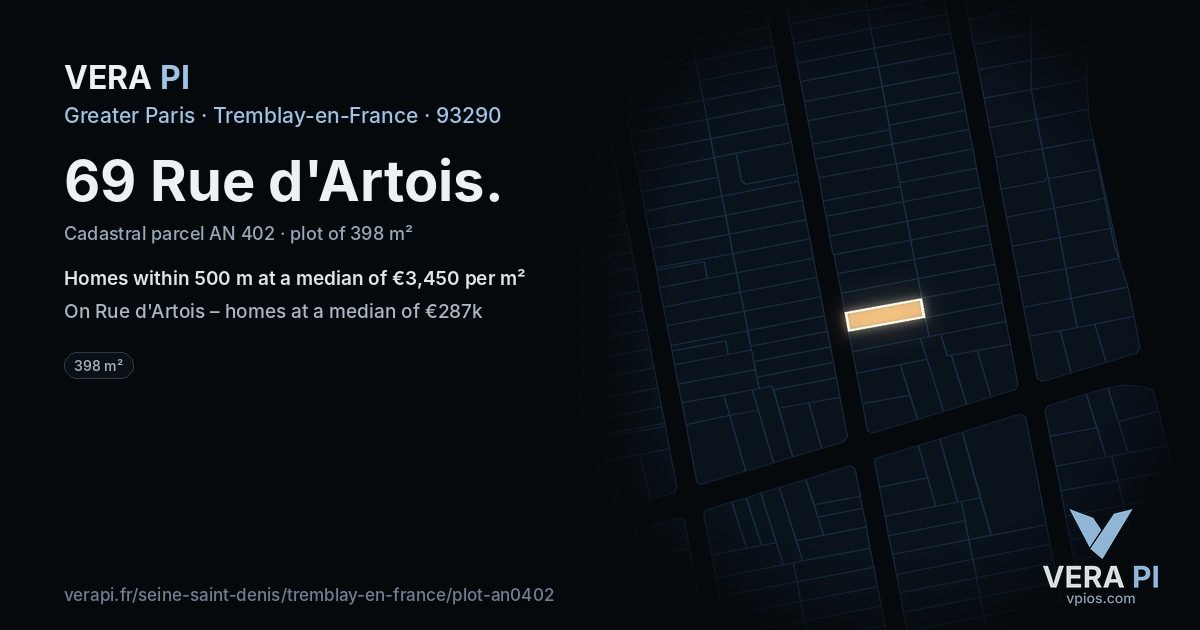 69 Rue d'Artois, Tremblay-en-France at night – the plot lit, the parcels around coloured by the prices near them