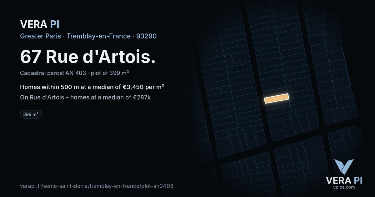 67 Rue d'Artois, Tremblay-en-France at night – the plot lit, the parcels around coloured by the prices near them