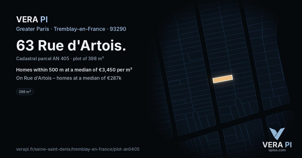 63 Rue d'Artois, Tremblay-en-France at night – the plot lit, the parcels around coloured by the prices near them