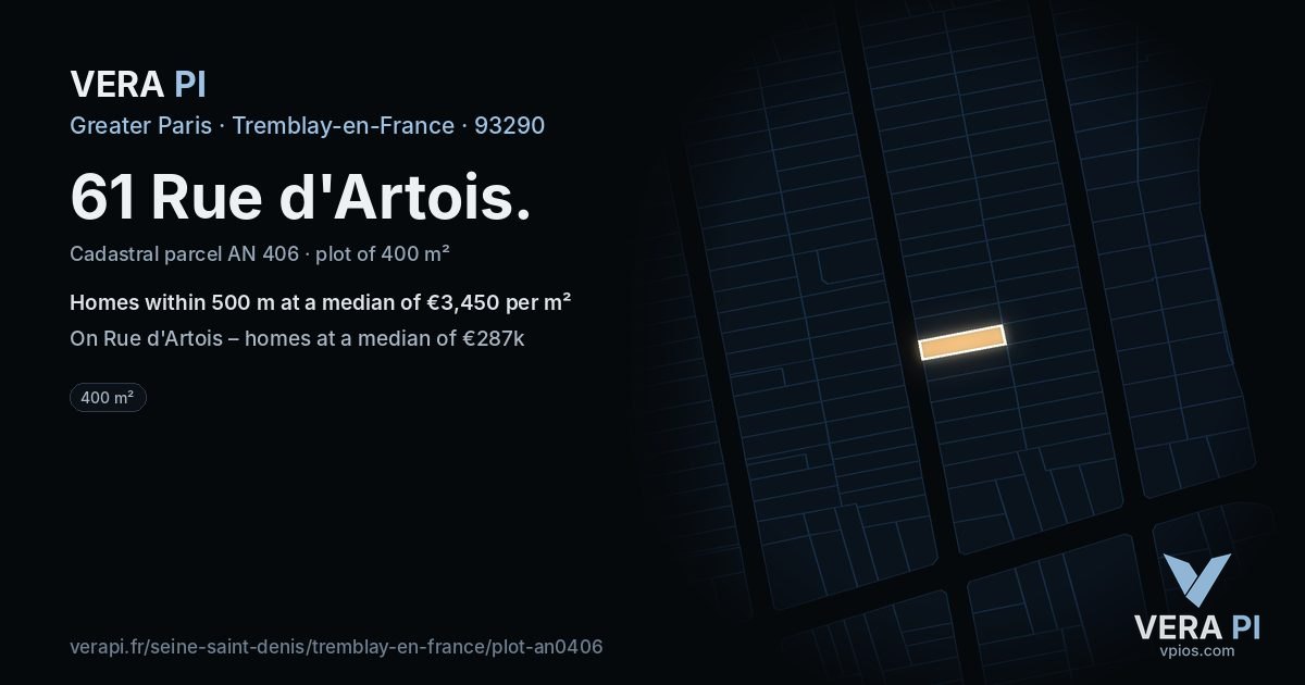 61 Rue d'Artois, Tremblay-en-France at night – the plot lit, the parcels around coloured by the prices near them