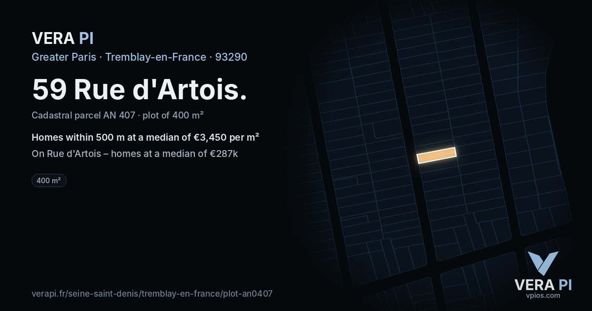 59 Rue d'Artois, Tremblay-en-France at night – the plot lit, the parcels around coloured by the prices near them