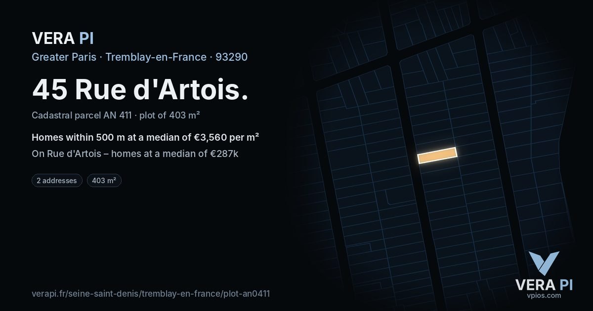 45 Rue d'Artois, Tremblay-en-France at night – the plot lit, the parcels around coloured by the prices near them