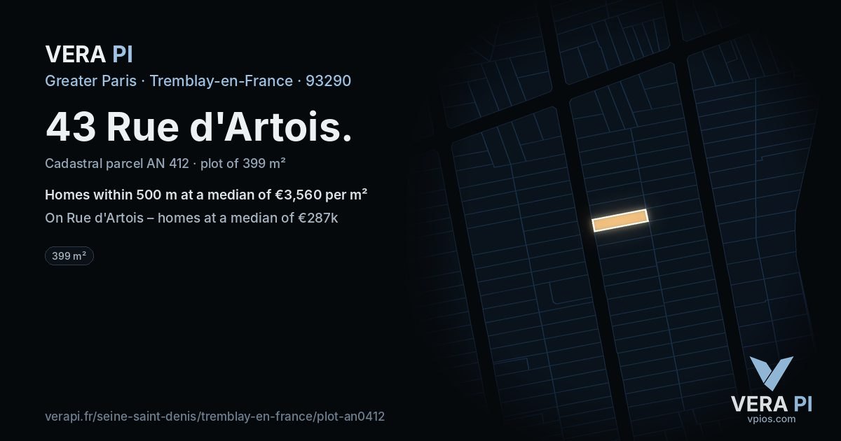 43 Rue d'Artois, Tremblay-en-France at night – the plot lit, the parcels around coloured by the prices near them