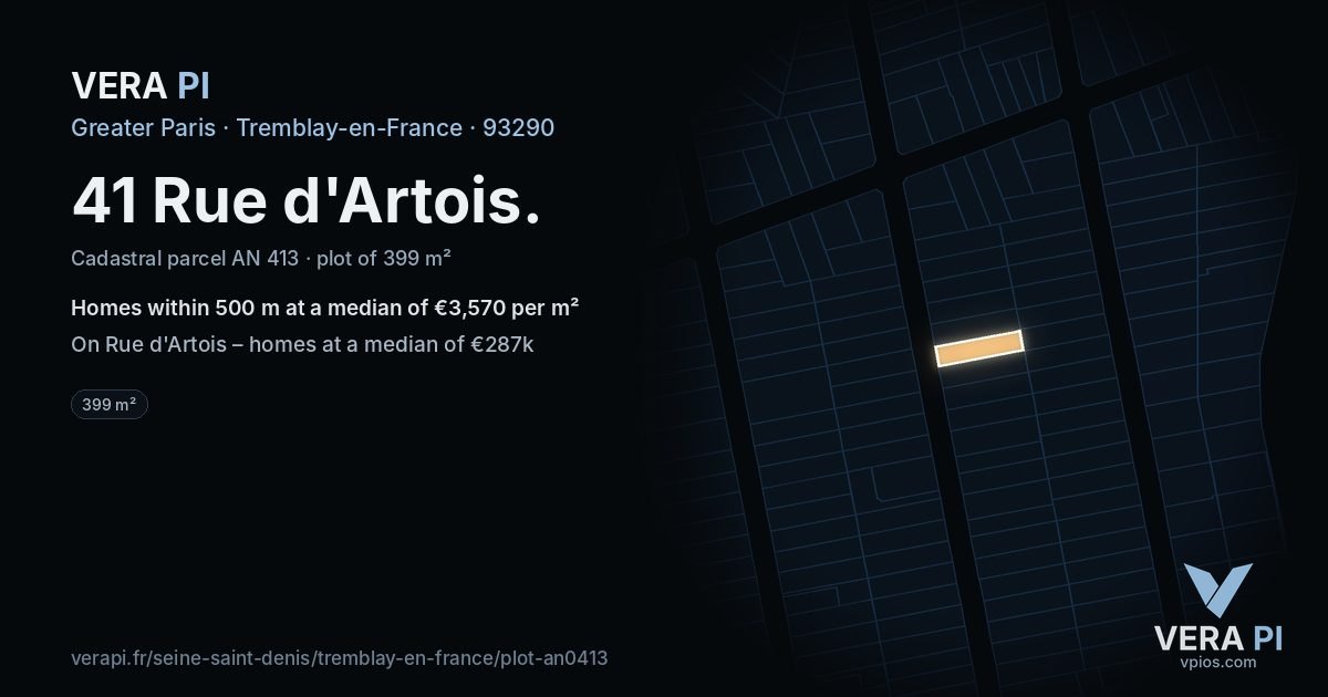 41 Rue d'Artois, Tremblay-en-France at night – the plot lit, the parcels around coloured by the prices near them