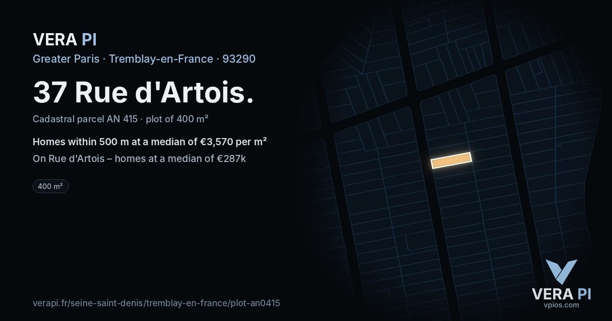 37 Rue d'Artois, Tremblay-en-France at night – the plot lit, the parcels around coloured by the prices near them