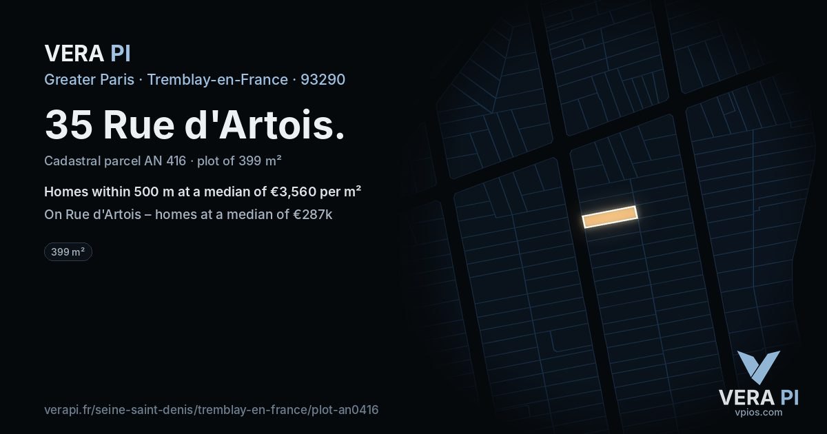 35 Rue d'Artois, Tremblay-en-France at night – the plot lit, the parcels around coloured by the prices near them