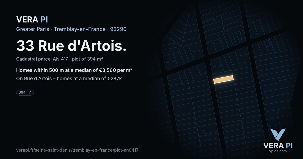 33 Rue d'Artois, Tremblay-en-France at night – the plot lit, the parcels around coloured by the prices near them
