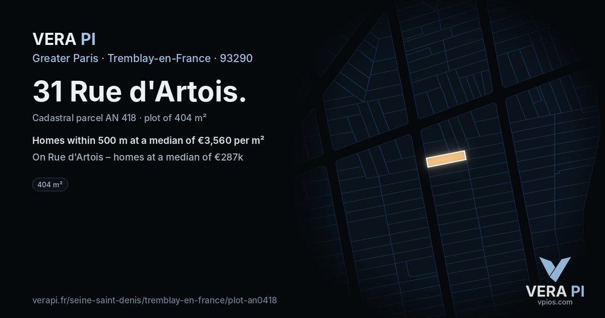 31 Rue d'Artois, Tremblay-en-France at night – the plot lit, the parcels around coloured by the prices near them