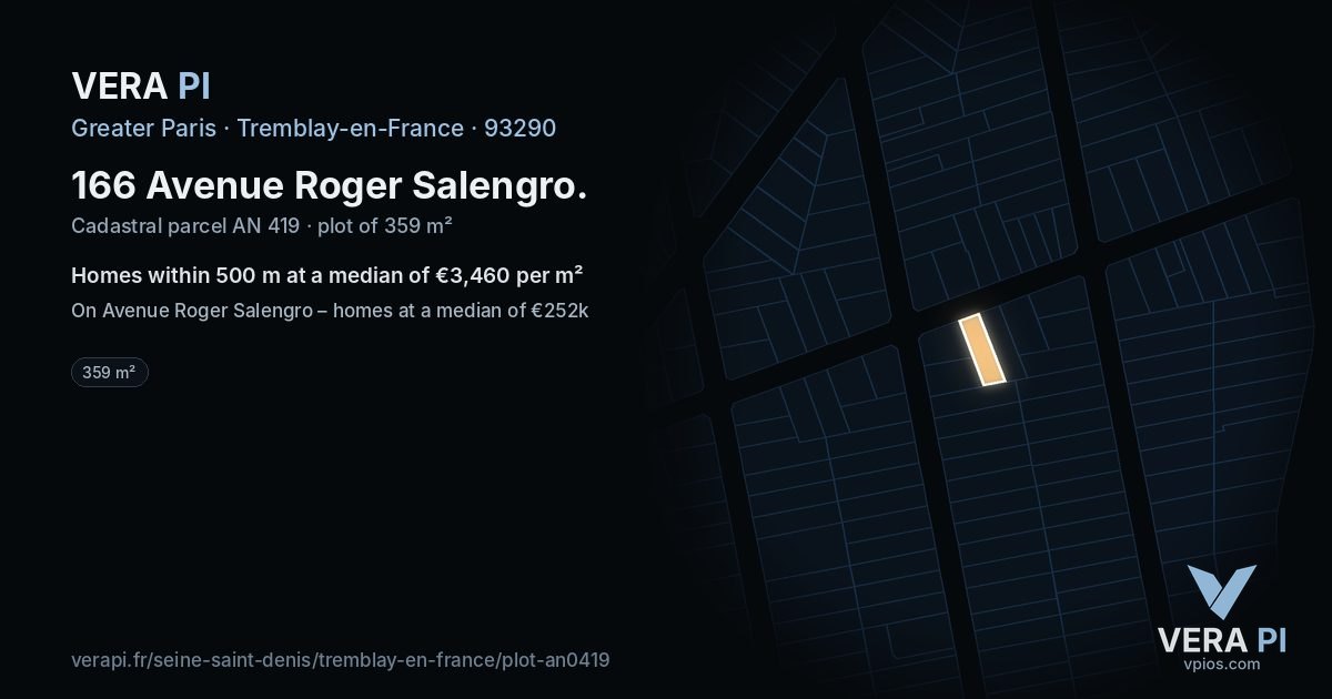 166 Avenue Roger Salengro, Tremblay-en-France at night – the plot lit, the parcels around coloured by the prices near them