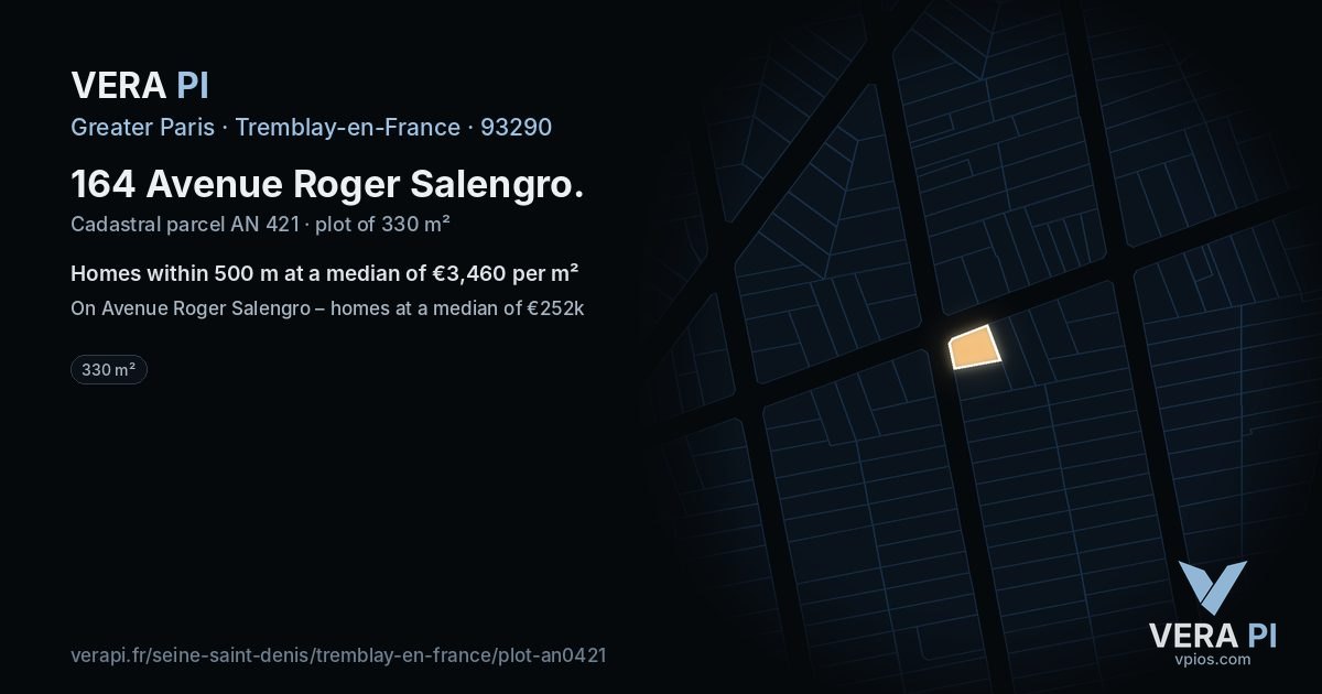 164 Avenue Roger Salengro, Tremblay-en-France at night – the plot lit, the parcels around coloured by the prices near them